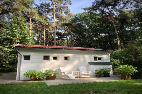 Uno chalet bianco chiamato Het Beerenbos in Belgio, circondato da alberi alti e sedie da giardino.