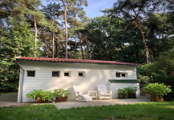 Un chalet blanco llamado Het Beerenbos en Bélgica, rodeado de árboles altos y un ambiente natural y tranquilo.