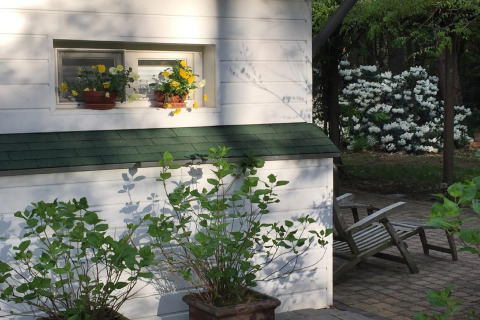 Chalet bianco a Het Beerenbos in Belgio con fiori in vaso sulla finestra e giardino verde sullo sfondo.