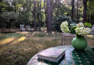 Tavolo con vaso di fiori, libro e sedie nel giardino del chalet Het Beerenbos in Belgio.