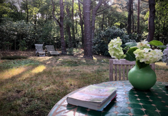 Mesa con flores, un libro y una silla en el jardín boscoso del chalet Het Beerenbos, Bélgica.