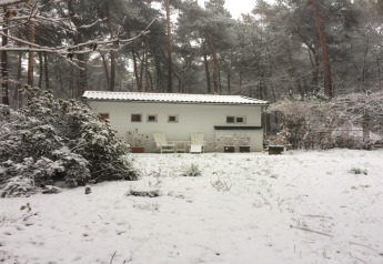 Chalet Het Beerenbos en Bélgica cubierto de nieve, rodeado de árboles y muebles de jardín blancos.