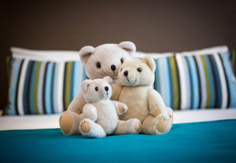 Tres osos de peluche están sentados juntos sobre una cama con cojines a rayas en el chalet Het Beerenbos en Bélgica.
