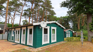 Green wooden cabin Räuberkuhle Koserow with satellite dish, surrounded by tall trees and a natural setting.