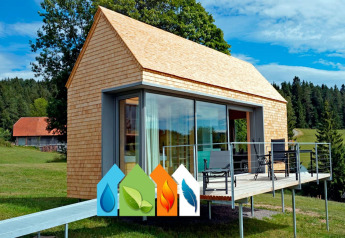 Haus Wasser, a modern cabin with wood siding, large windows, deck, green landscape, and eco-icons displayed.