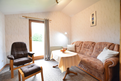 Gezellige woonkamer in de hut Platz im Grünen 2 in Duitsland met zetel, stoel en tafel bij het raam.