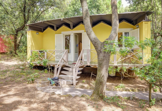 Casa móvil amarilla en un entorno boscoso, con contraventanas blancas abiertas y terraza rodeada de árboles.