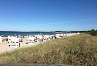 Strandscène met strandstoelen en mensen dicht bij de hut Platz im Grünen 2 aan de Duitse kust.