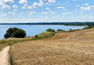 Zicht vanaf de hut Platz im Grünen 2 in Duitsland: goudkleurige akkers, water en wolkenlucht.