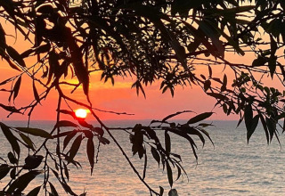 Zonsondergang over het meer gezien door takken bij huisje 'Platz im Grünen 2' in Duitsland.