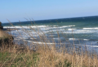 Uitzicht op golvend zee en rotskust door hoog gras nabij de hut 'Platz im Grünen 2' in Duitsland.