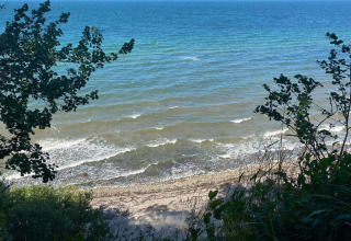 Zicht op een vredig strand en blauwe zee door bomen bij de hut Platz im Grünen 2 in Duitsland.
