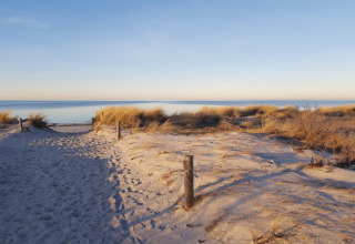 Camino de arena entre dunas hacia la playa al atardecer cerca del complejo Gänseblümchen 2 en Alemania.