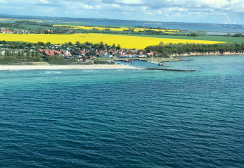 Vista costiera dal complesso bungalow «Gänseblümchen 2» in Germania con mare, spiaggia e campi gialli all’interno.