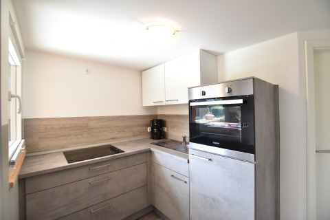 Cucina moderna nel complesso Bungalow «Gänseblümchen 2» in Germania con mobili grigi e forno incassato.