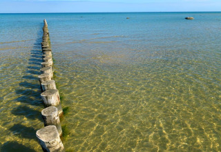 Houten palen in ondiep helder water vlakbij het strand, bungalowcomplex «Gänseblümchen 2» in Duitsland.