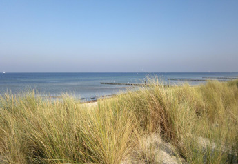 Vue sur la mer Baltique avec des dunes et de l’herbe près du complexe Gänseblümchen 7 en Allemagne.