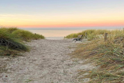 Sandy beach path with bench and dune grass at sunset, taken at Bungalow complex Gänseblümchen 7 in Germany.