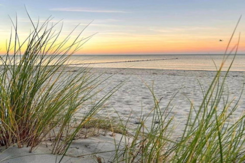 Coucher de soleil sur la plage vue d’un glamping, avec herbes, sable fin et mer calme à l’horizon.