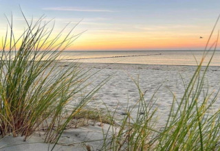 Coucher de soleil sur la plage vue d’un glamping, avec herbes, sable fin et mer calme à l’horizon.