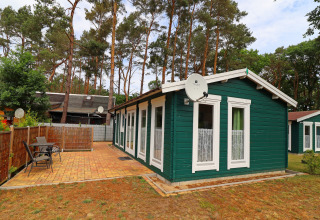 Green wooden cabin with satellite dish, patio, and outdoor seating at Räuberkuhle Koserow, Germany.