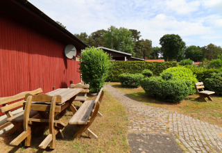 Outdoor space at Räuberkuhle Koserow cabin in Germany with wooden benches, table, path and bushes