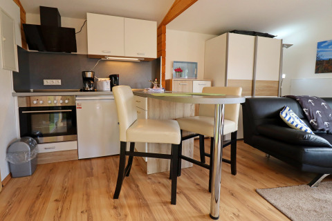 Modern cabin apartment Räuberkuhle Koserow in Germany with open kitchen, dining area and living room.