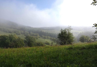 Uitzicht vanaf een safaritent op heuvelachtig groen landschap, bomen en ochtendnevel onder een blauwe hemel.