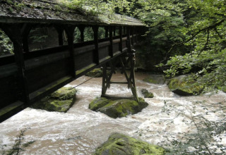 Pont couvert en bois traversant une rivière agitée, entouré de rochers moussus et d'une forêt verdoyante.