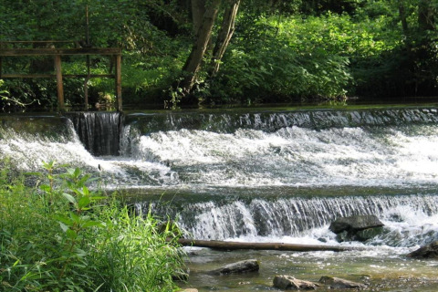 Petite cascade et végétation luxuriante près d'une rivière, photographiées près d'une tente safari.