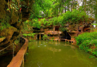 Grotte verdoyante et étang près du Resort Echternacherbrück 1, entourés de forêt et de rochers en Allemagne.