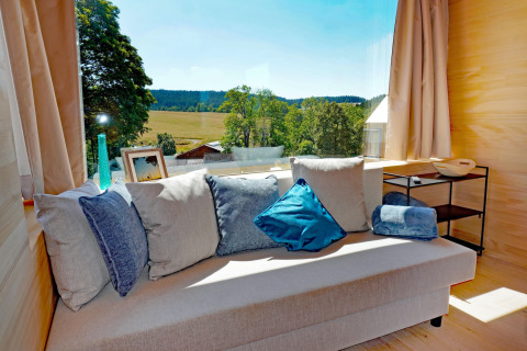 Cozy sofa with blue pillows at Haus Wasser cabin in Germany, overlooking scenic countryside views.