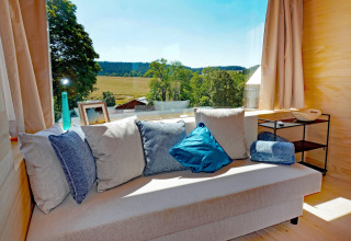 Cozy sofa with blue pillows at Haus Wasser cabin in Germany, overlooking scenic countryside views.