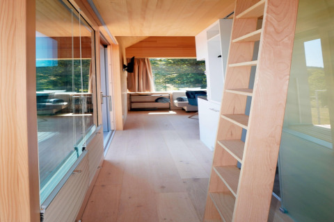 Interior view of Haus Wasser cabin in Germany featuring wood ladder, large windows, and minimalist decor.