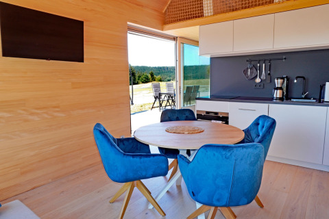 Contemporary cabin interior at Haus Wasser in Germany with blue chairs, round table, and kitchen.