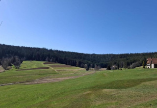View from Haus Wasser in Germany, showing green fields, a forest, a house, and a clear blue sky.