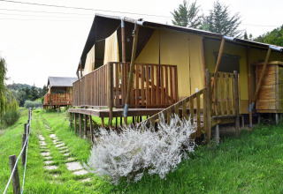 Safari tents on wooden decks in a green grassy area with a stone path running beside the accommodations.