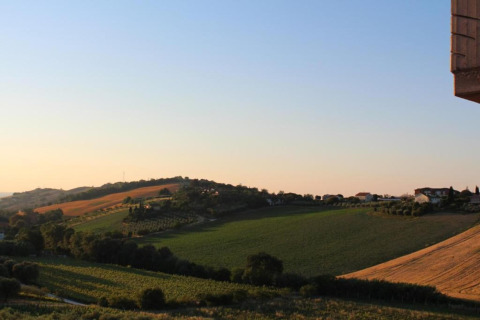 Uitzicht vanaf safaritent 'Tenda 1' in Italië over glooiende groene velden en heuvels bij zonsondergang.