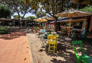 Outdoor seating area at a mobile home site with colorful chairs, tables, and umbrellas under leafy trees.