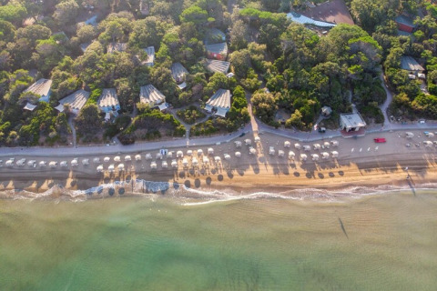 Vista aérea de un área de casas móviles junto a la playa con sombrillas, cabañas y frondosos árboles.