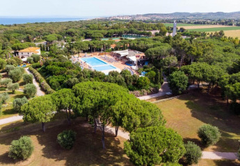 Aerial view of a mobile home site with a swimming pool, surrounded by lush trees and close to the sea.