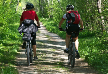 To personer cykler på en skovsti omgivet af grønt løv og solskin en sommerdag.