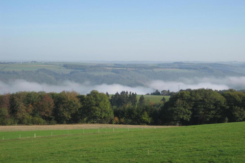 Zicht vanuit een safaritent op groene weilanden, bossen en lichte ochtendnevel in het dal.