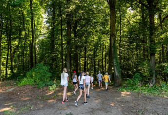 Des enfants marchent dans une forêt verte près du safari-tente Resort «Auf Kengert 1» au Luxembourg.