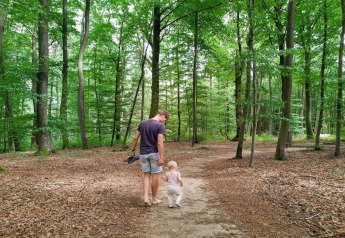 Un adulte et un petit enfant marchent pieds nus sur un sentier forestier bordé d’arbres verts près d’un safari.