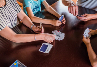 Gezin speelt samen kaartspel in een safaritent op Resort Nommerlayen 3 in Luxemburg.