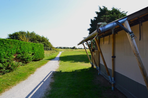 Pathway beside a luxury safari tent on Ameland, Netherlands, with green hedge and open grassy field.
