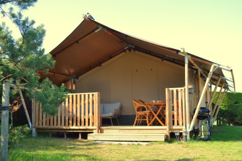 Vista esterna di una tenda safari di lusso su Ameland, Paesi Bassi, con terrazza in legno e sedie.