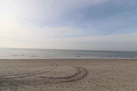 Udsigt over en tom strand med havet i baggrunden og bildækspor i sandet på Ameland, Holland.