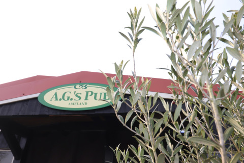 Insegna di A.G.'s Pub presso una tenda safari di lusso su Ameland, Paesi Bassi, coperta da rami verdi.